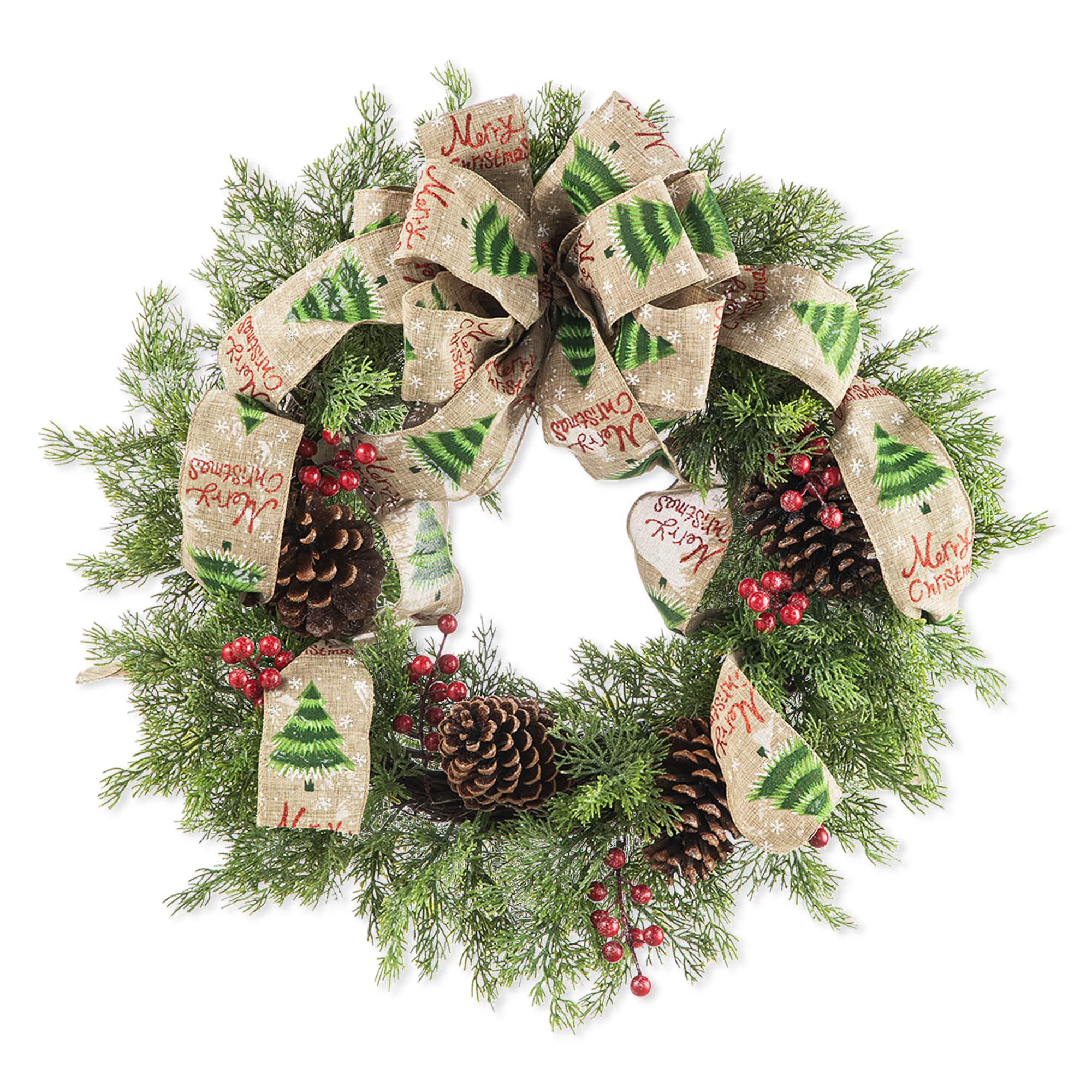 Glitzhome® 24" Cypress Leaves & Pinecone Wreath with Ribbon & Bow